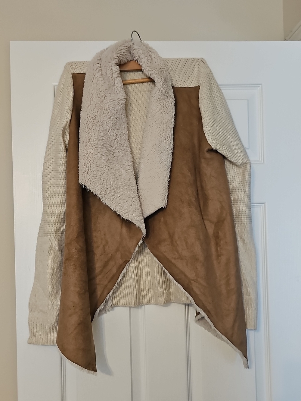 Romeo & Juliet Couture Cream Knit and Brown Faux-Suede Teddy Jacket